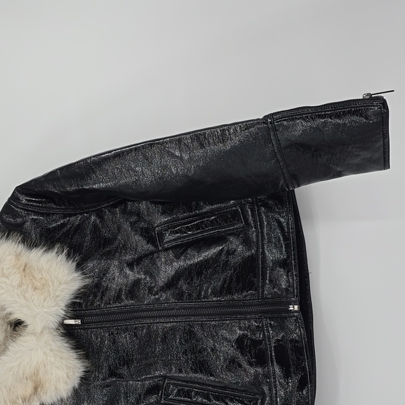 Unreal Fur Wet Look Aviator Black Vegan Leather Women's Jacket - Picture 3 of 9